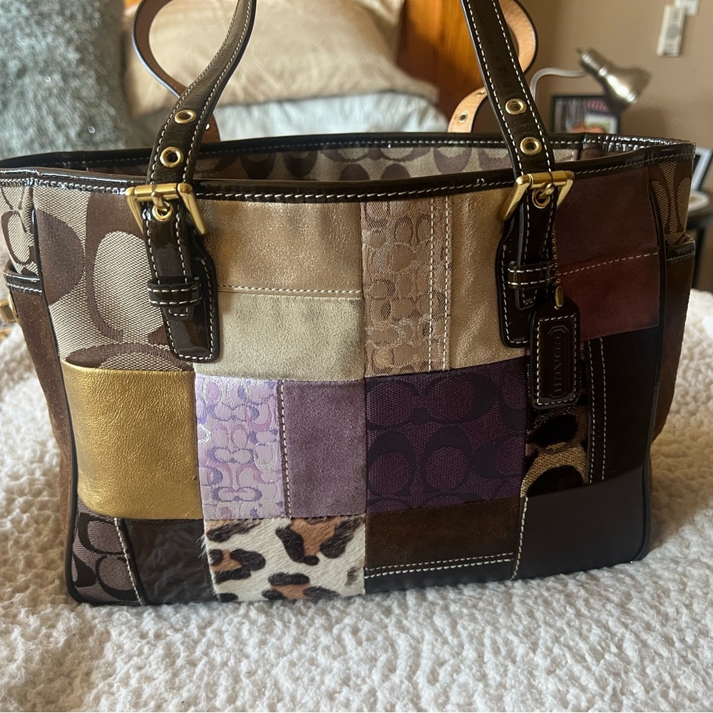 Coach Patchwork Tote in Brown, Purple & Gold Accents